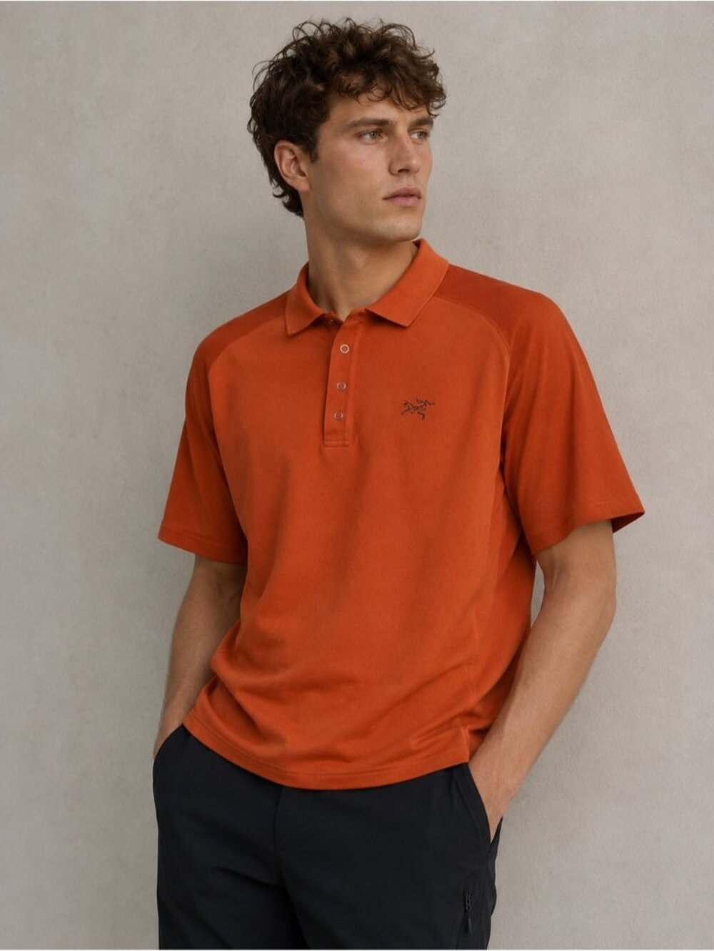 Arc'teryx Men's Cotton Polo Shirt Red Orange Button Up Relaxed Fit t-shirt top L